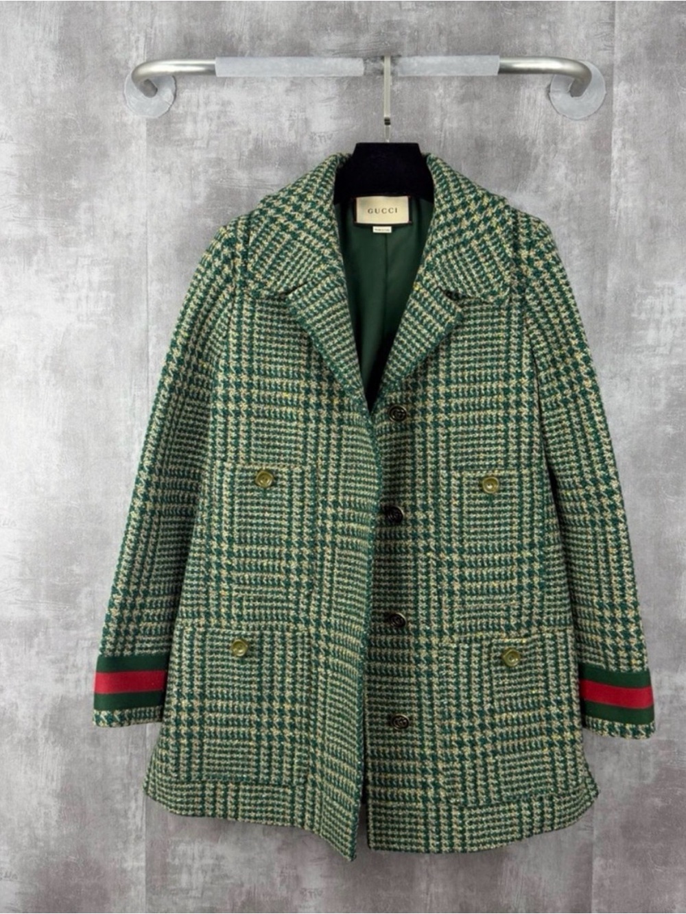 Gucci Green Houndstooth Wool Pea Coat with Red & Green Cuff Stripe